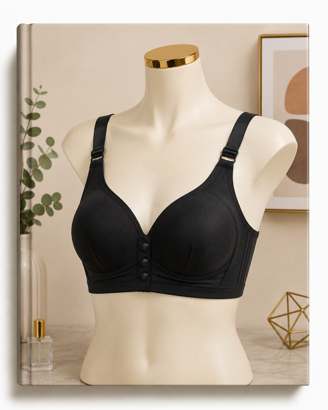 A6 Black Front Button Comfort Bra
