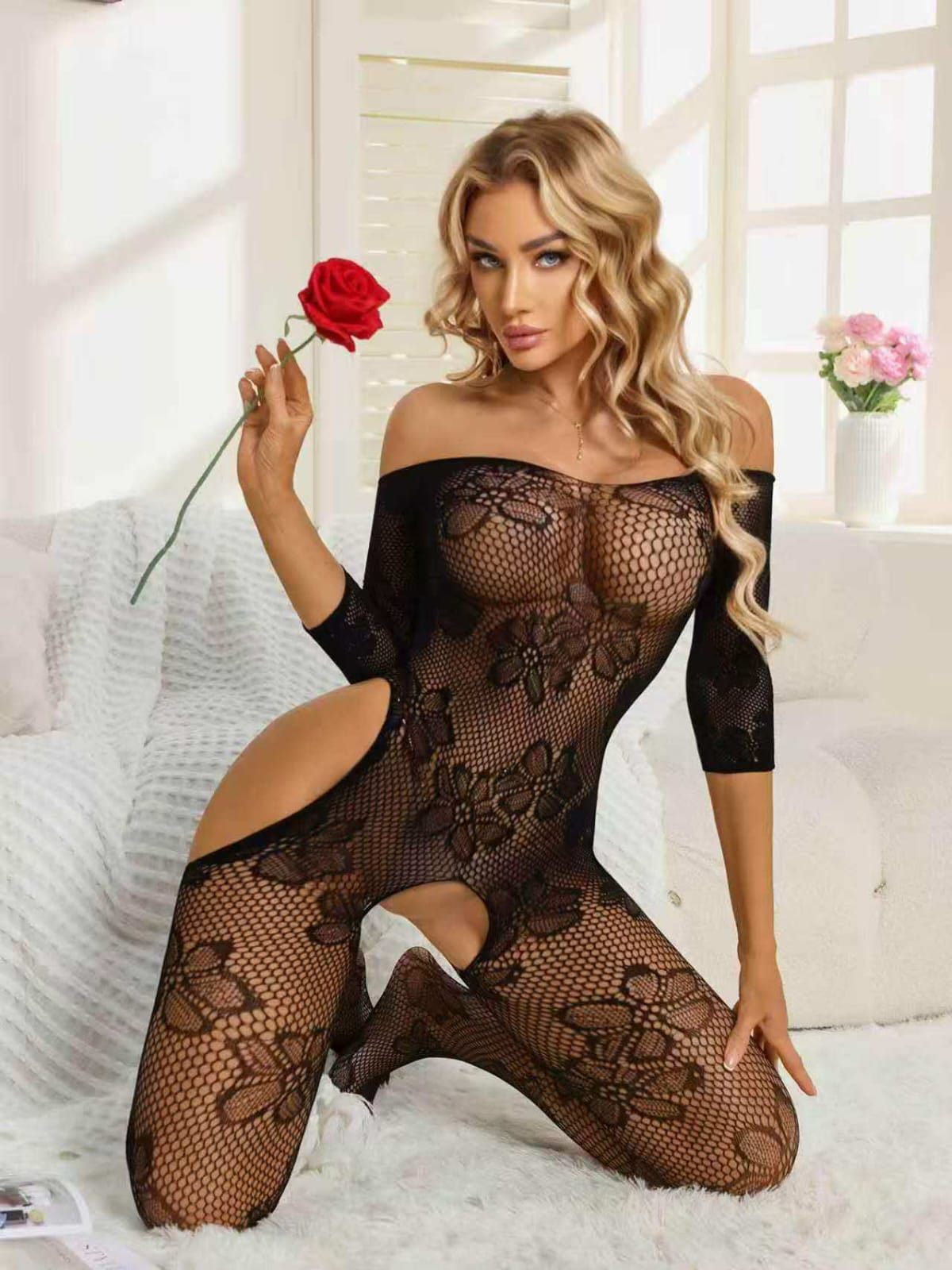 Women’s Black Floral Lace Bodysuit – Elegant Fishnet Lingerie Jumpsuit